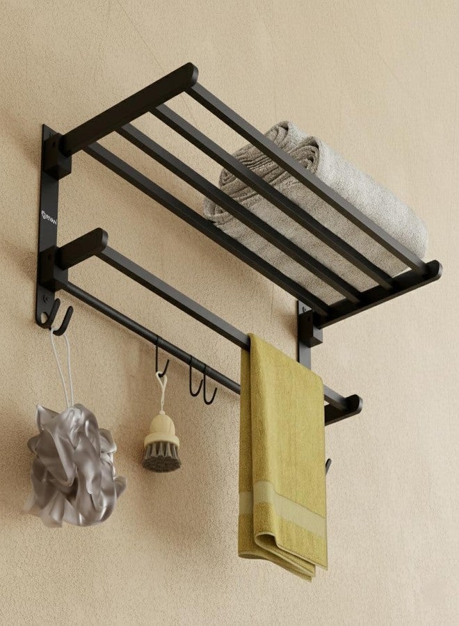 GRIVAN Heavy-Duty Stainless Steel 24 Inch Foldable Towel Rack/Shelf/Stand for Bathroom, Wall-Mounted Towel Holder with Hooks and Hanger (Black Matte Finish) - Image 1